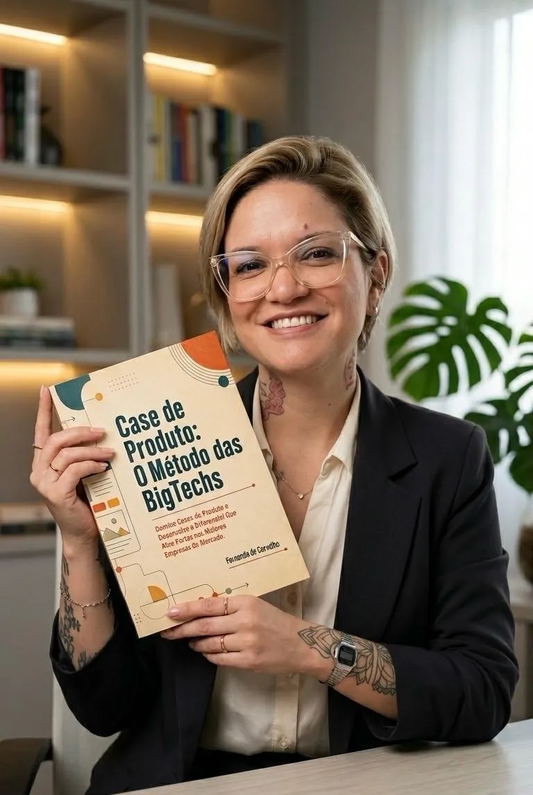 Fernanda Carvalho segurando o livro Case de Produto: O Método das BigTechs