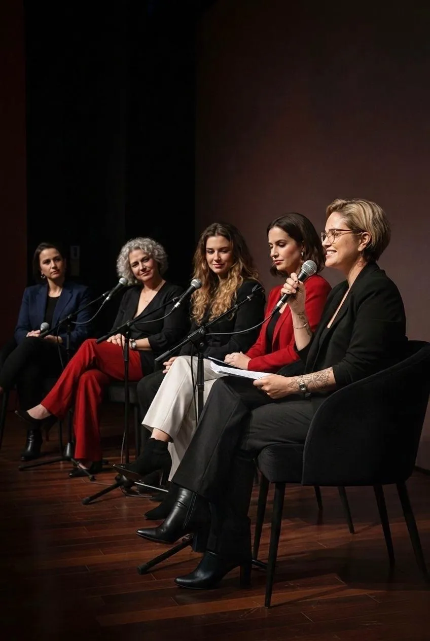 Fernanda Carvalho num painel com outras quatro mulheres, num palco