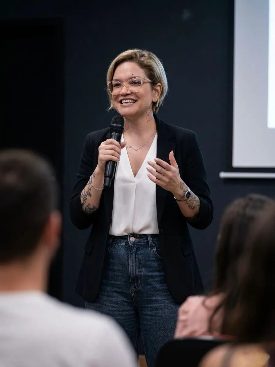 Fernanda Carvalho falando ao microfone para uma plateia